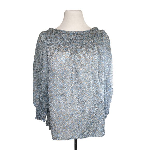 Lafayette 148 New York Silk Blend Paley Jacquard Long Sleeve Top Blue Cream XS - Picture 2 of 16